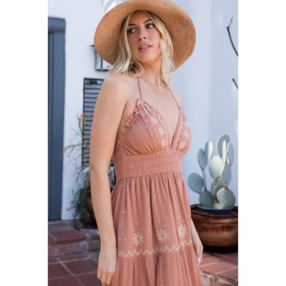 Sandstone Embroidered Floral Smocked Waist Gauze Summer Casual Halter Dress - Picture 7 of 7